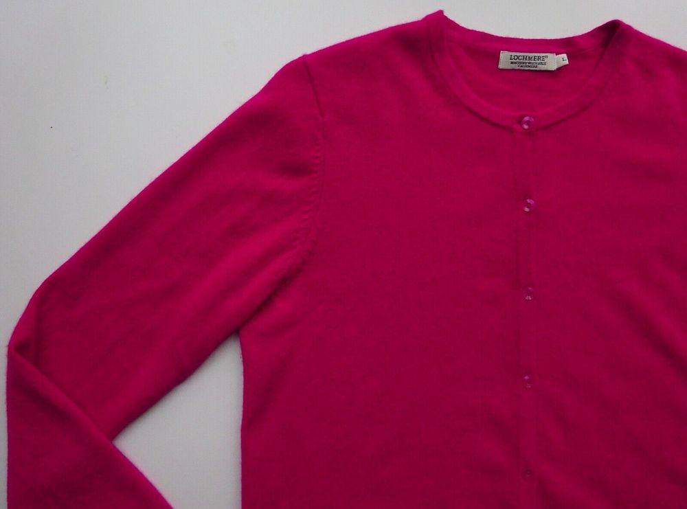Cashmere cardigan L Lochmere EWM bright magenta pink crew neck long sleeved knit - Picture 9 of 16